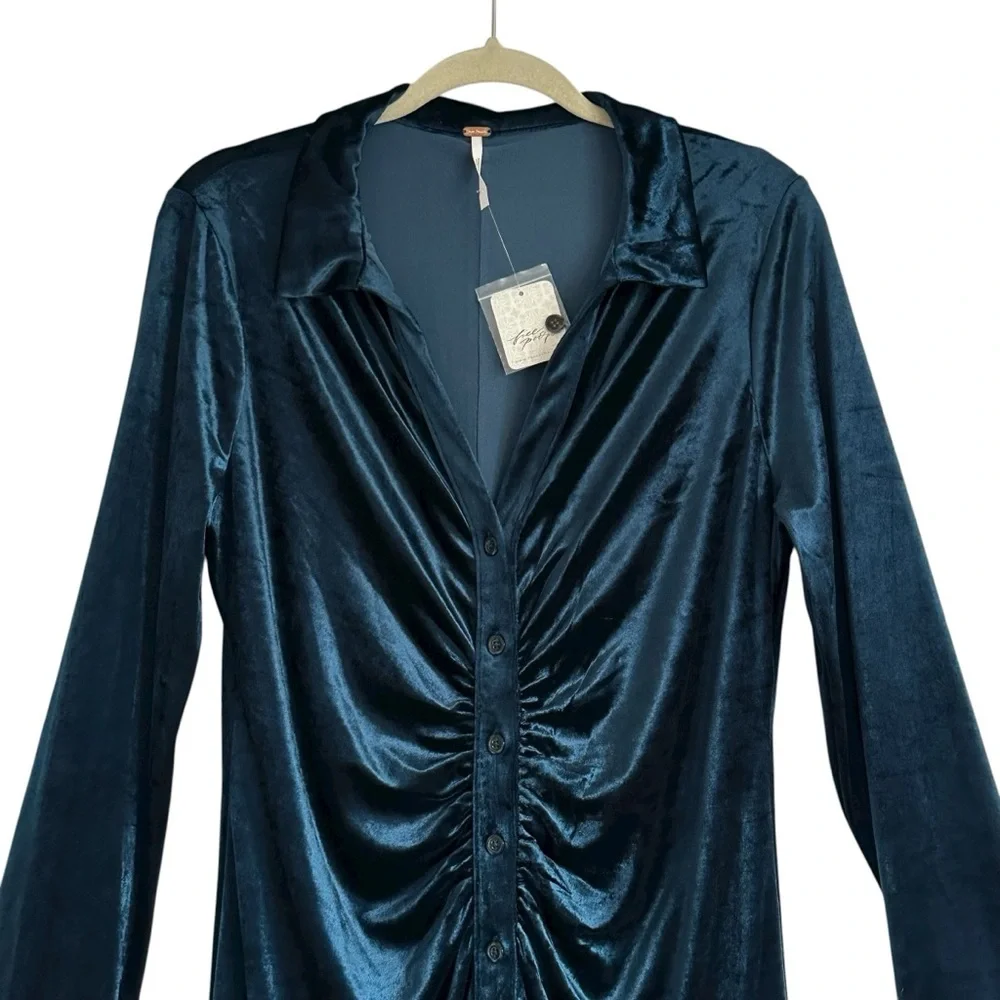 NWT FREE PEOPLE Shayla Blue Velvet Button Down Mini Dress Size Large